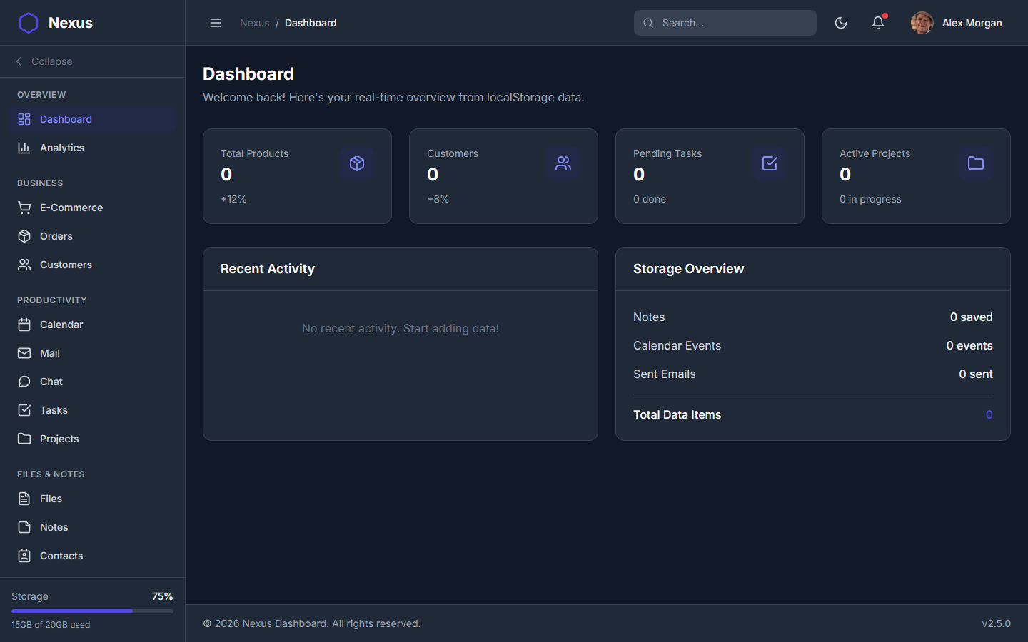 Nexus Pro Dashboard - Dark Theme Main Dashboard Interface with Analytics Cards