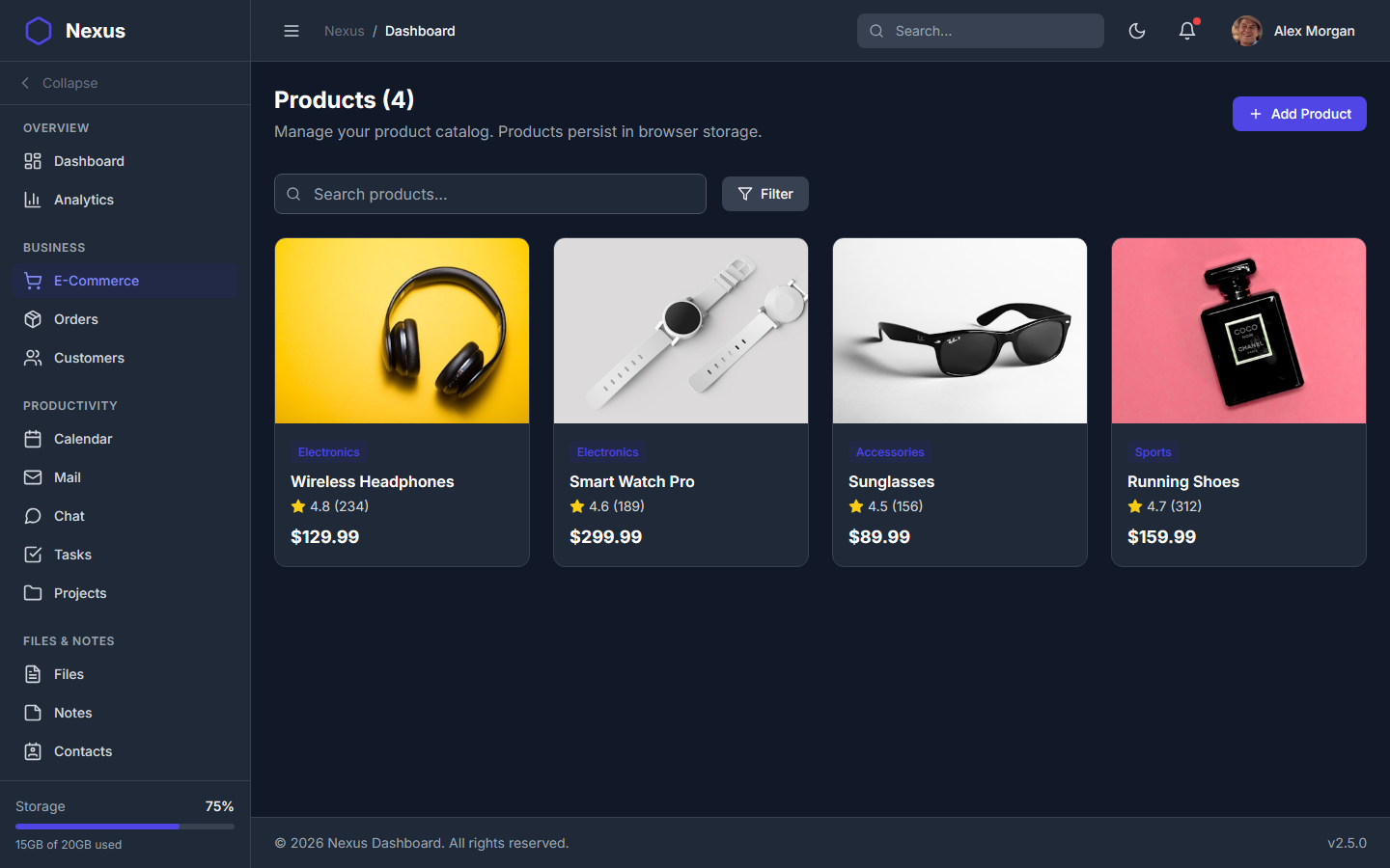 Nexus Pro Dashboard - Dark Theme E-commerce Product Management Screen