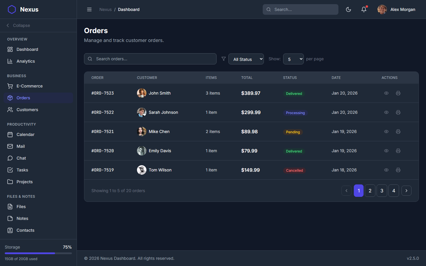Nexus Pro Dashboard - Dark Theme Order Management Screen