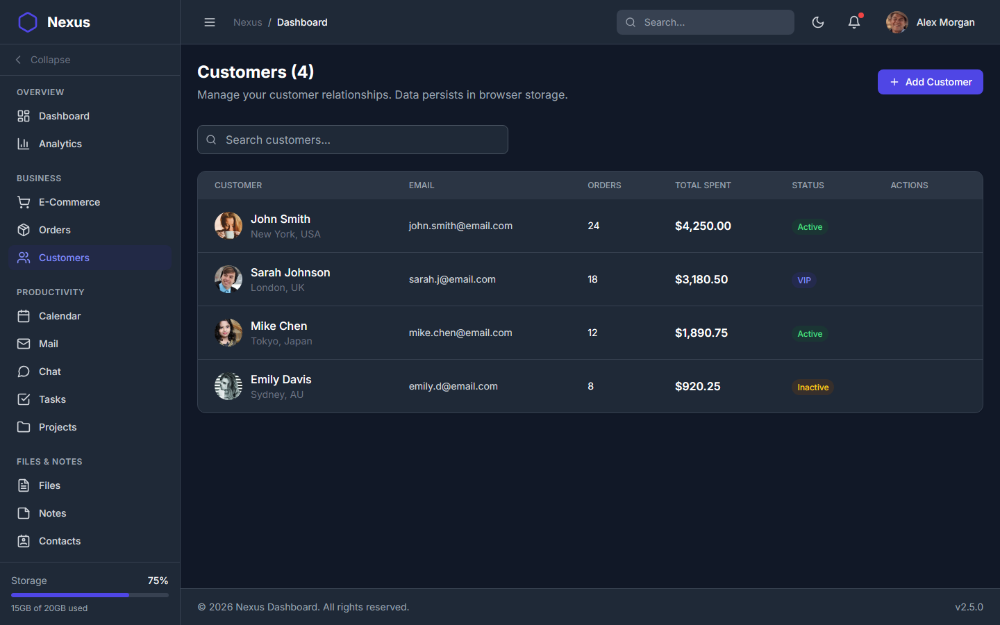 Nexus Pro Dashboard - Dark Theme Customer CRM