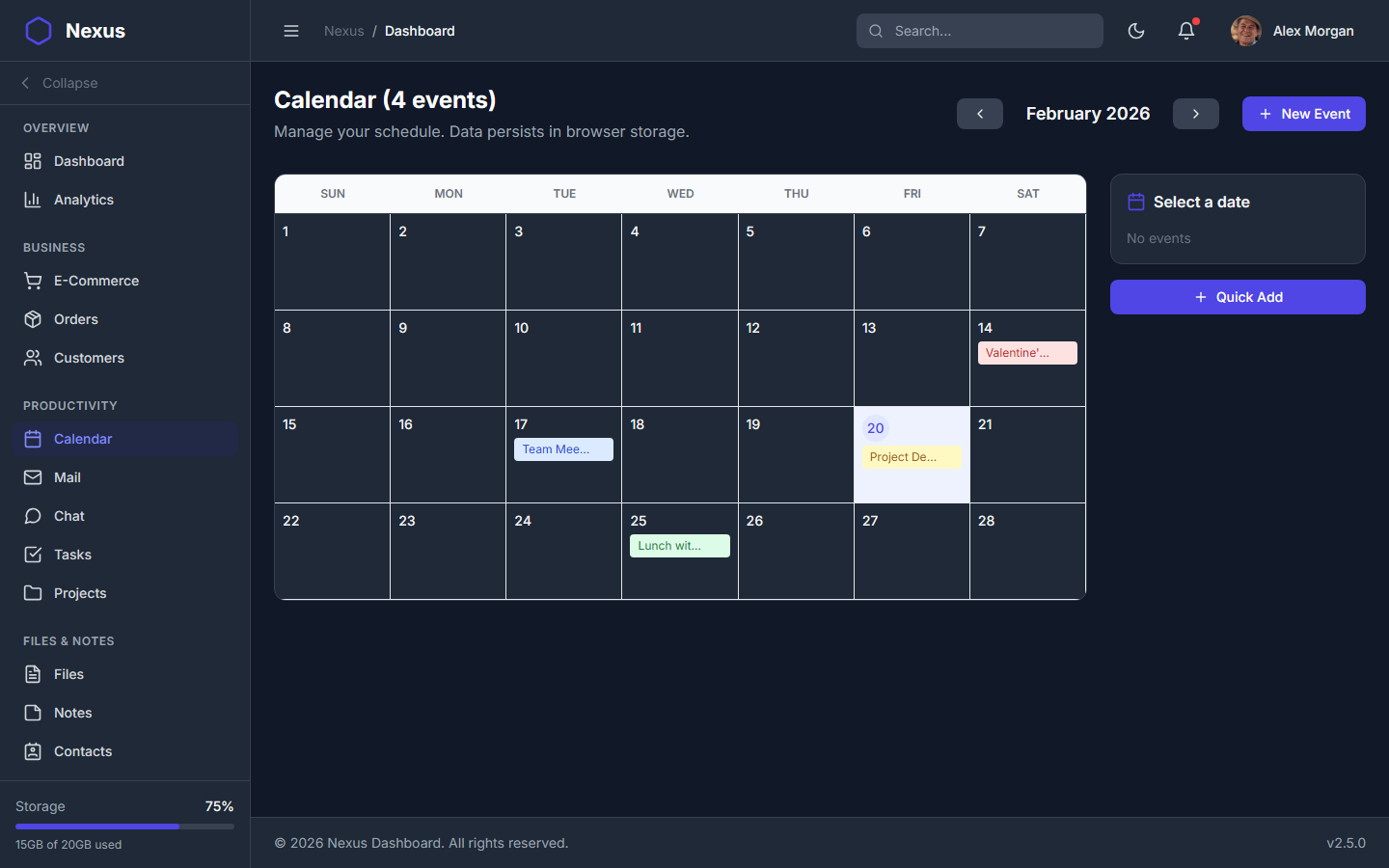 Nexus Pro Dashboard - Dark Theme Calendar with Drag and Drop Events