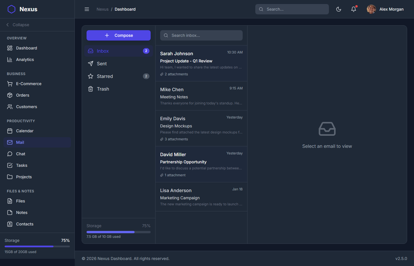 Nexus Pro Dashboard - Dark Theme Email Client with Compose Functionality