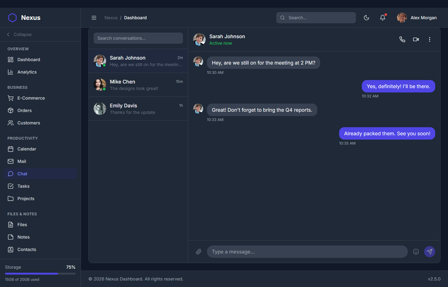 Nexus Pro Dashboard - Dark Theme Chat Interface