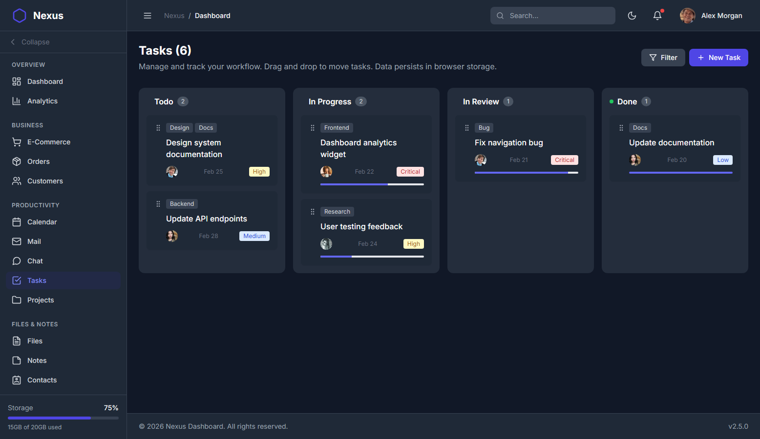 Nexus Pro Dashboard - Dark Theme Kanban Task Board Interface