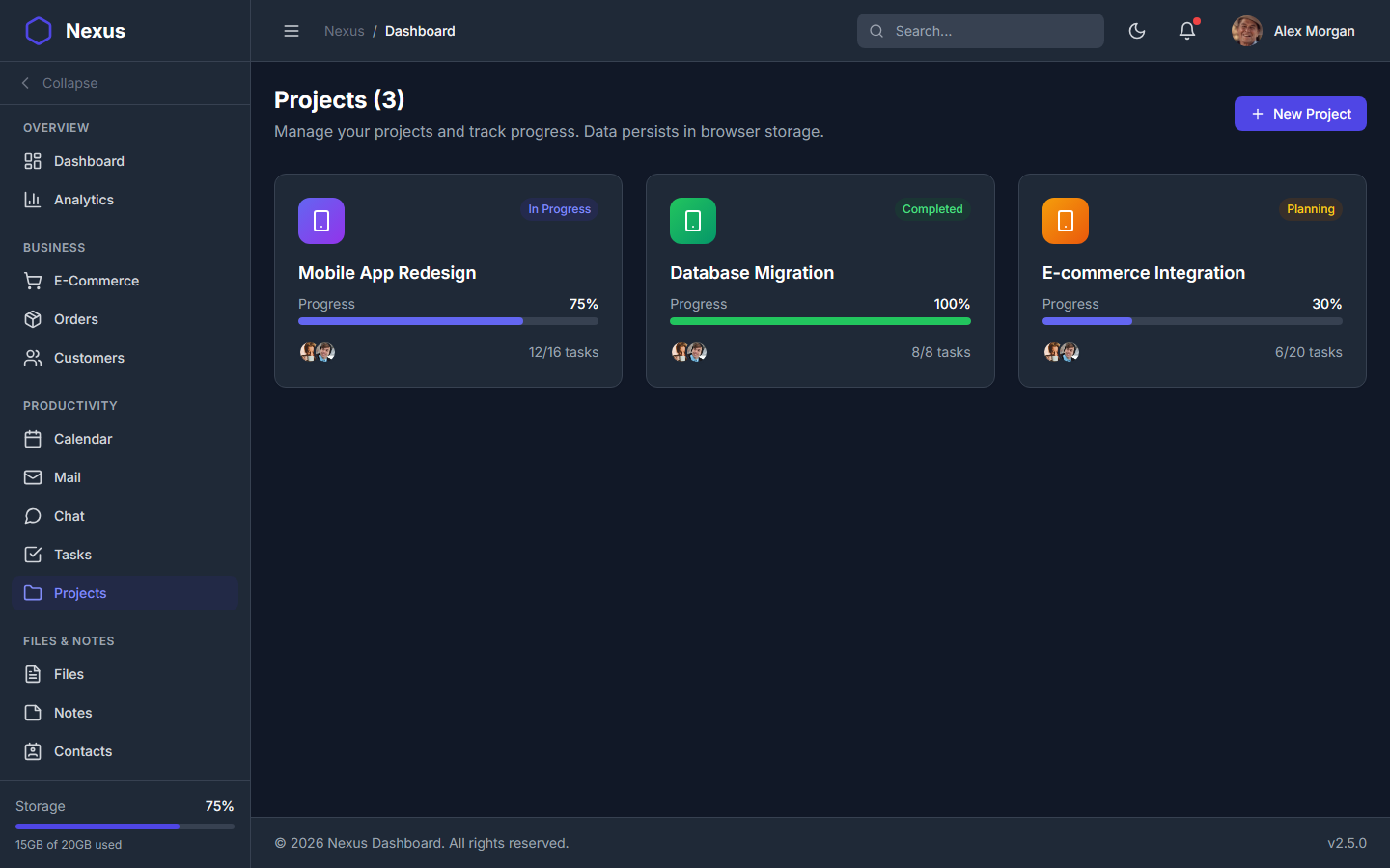 Nexus Pro Dashboard - Dark Theme Project Management
