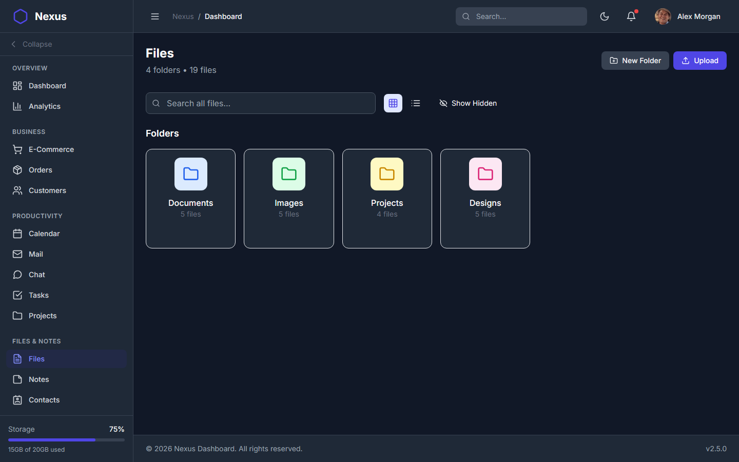 Nexus Pro Dashboard - Dark Theme File Explorer