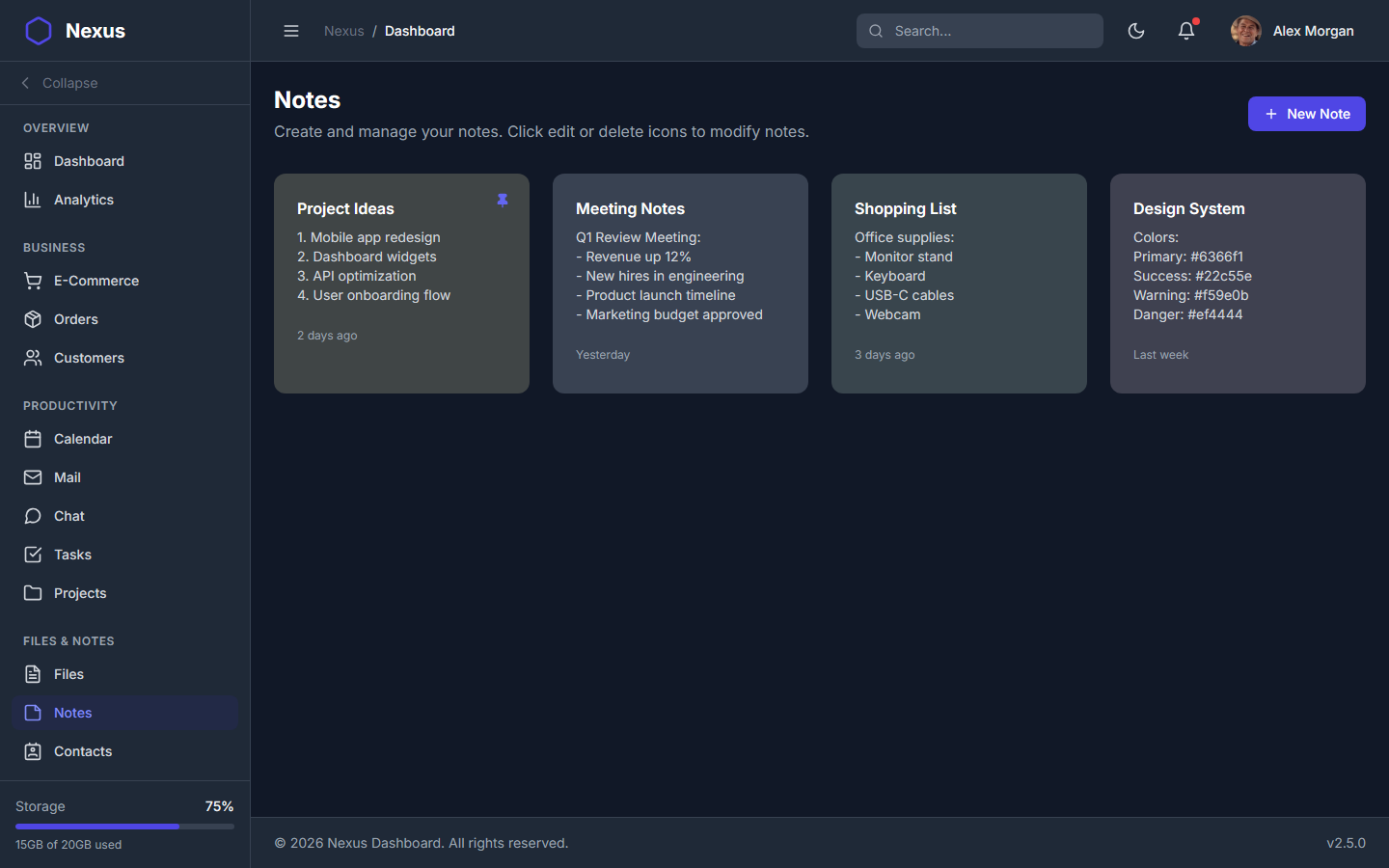 Nexus Pro Dashboard - Dark Theme Notes App