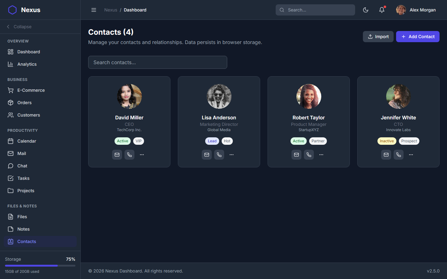 Nexus Pro Dashboard - Dark Theme Contacts