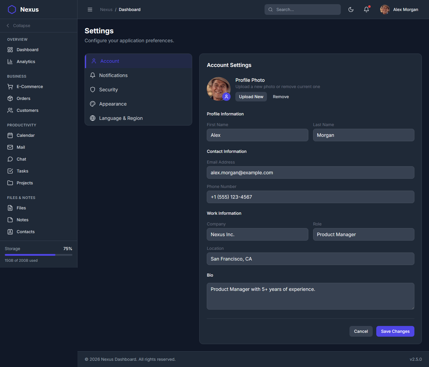 Nexus Pro Dashboard - Dark Theme Settings