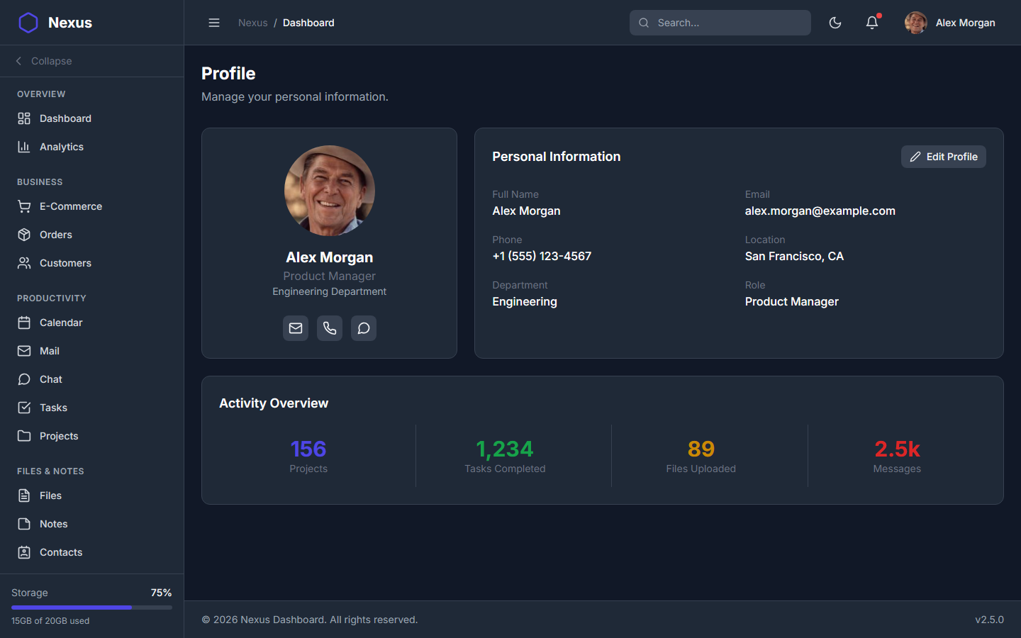 Nexus Pro Dashboard - Dark Theme User Profile
