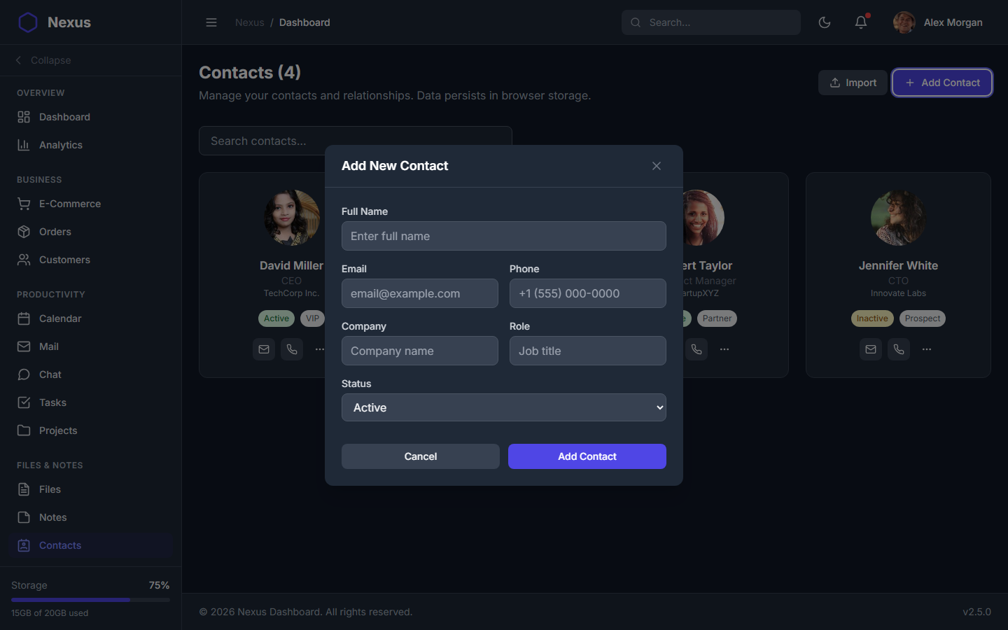 Nexus Pro Dashboard - Dark Theme Add Contact Modal