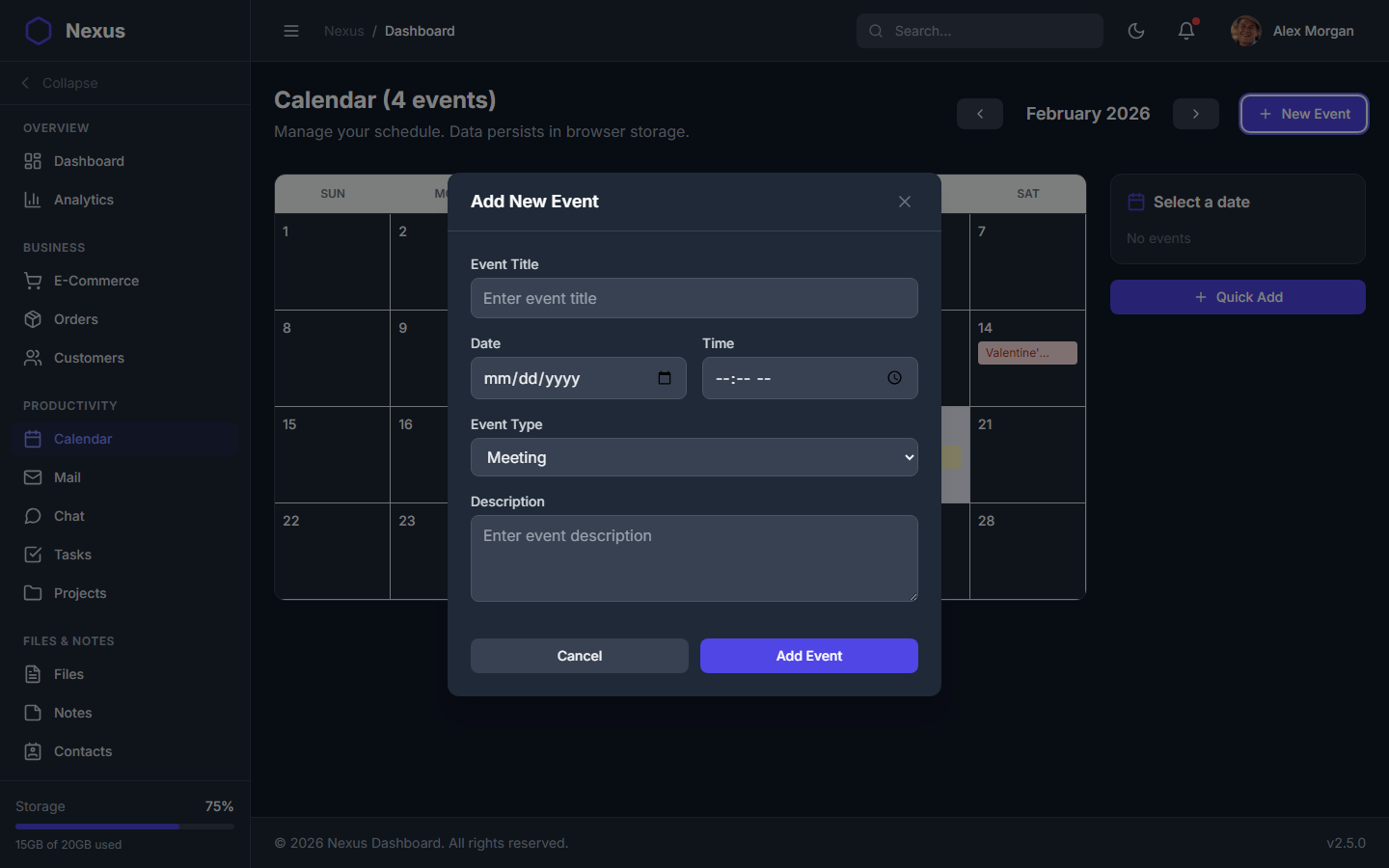 Nexus Pro Dashboard - Dark Theme Add Event Modal