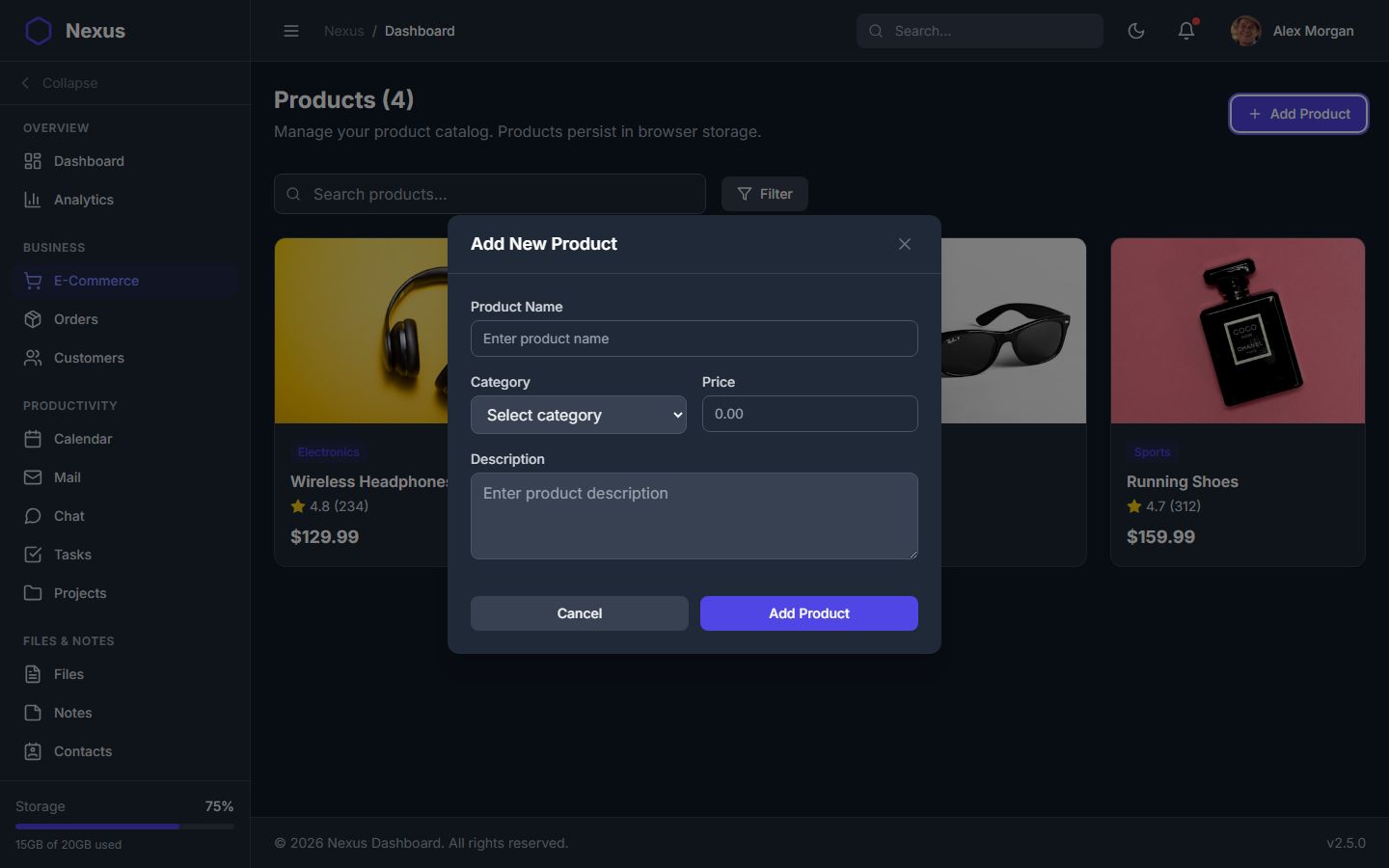 Nexus Pro Dashboard - Dark Theme Add Product Modal
