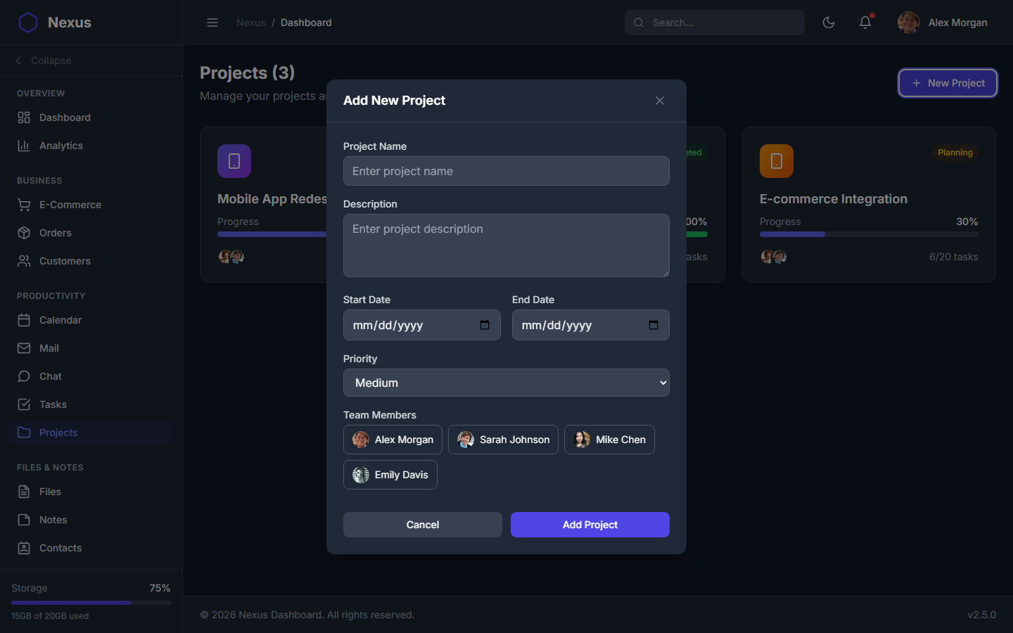 Nexus Pro Dashboard - Dark Theme Add Project Modal