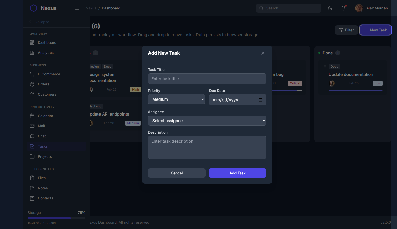 Nexus Pro Dashboard - Dark Theme Add Task Modal