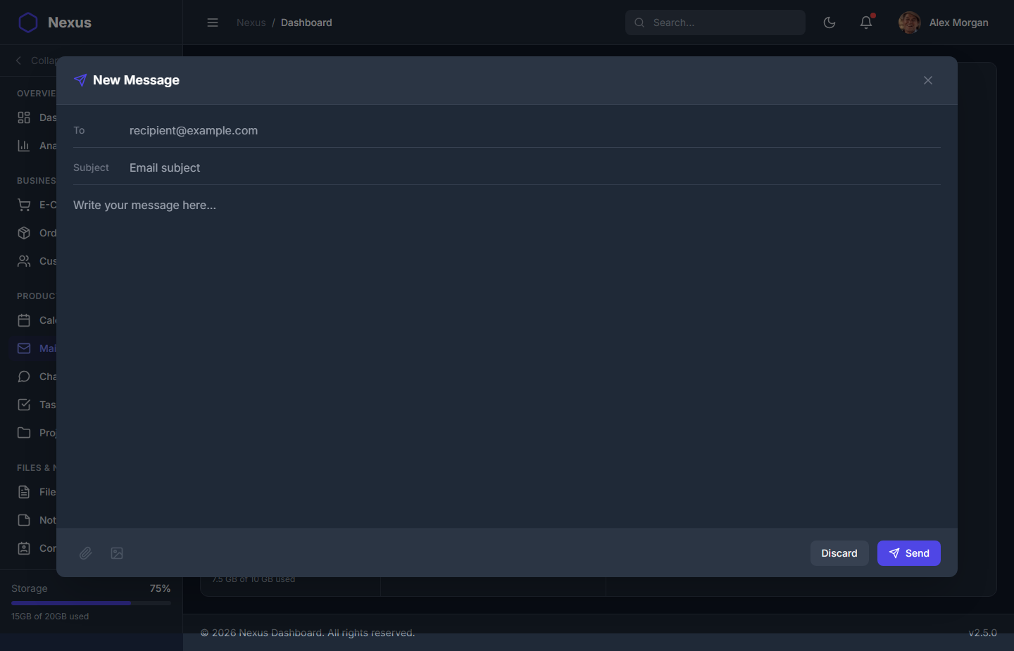 Nexus Pro Dashboard - Dark Theme Compose Email Modal