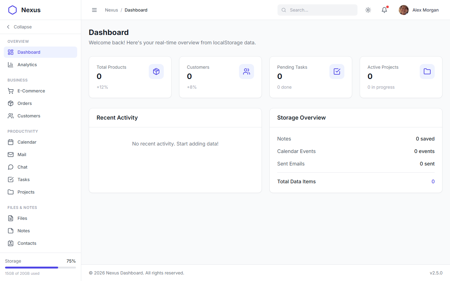Nexus Pro Dashboard - Light Theme Main Dashboard Interface with Analytics Cards