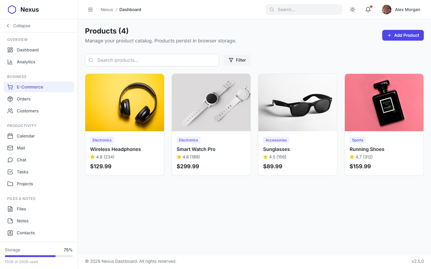 Nexus Pro Dashboard - Light Theme E-commerce Product Management Screen