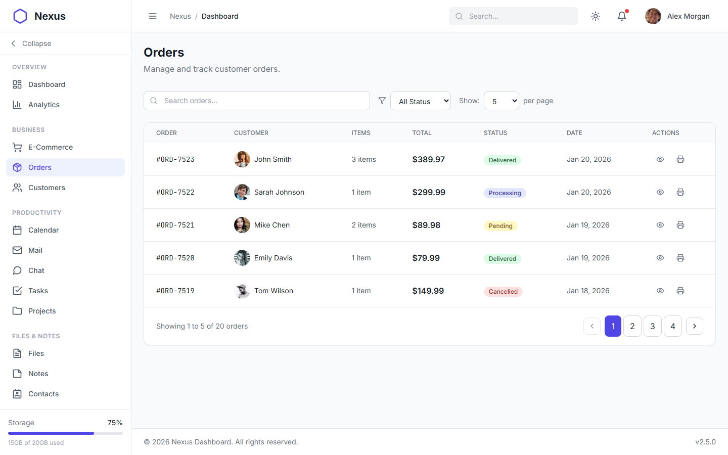 Nexus Pro Dashboard - Light Theme Order Management Screen with Order List