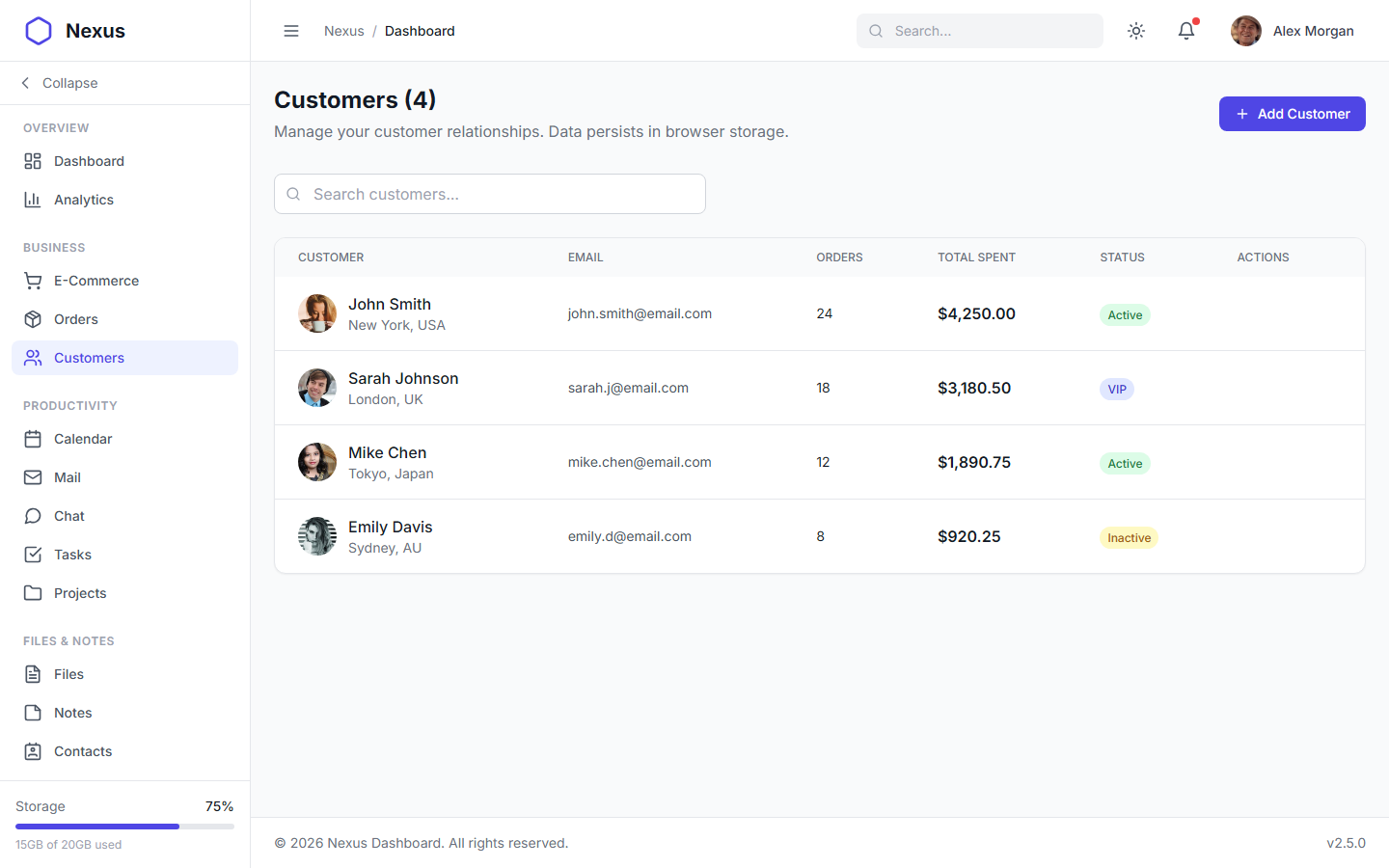 Nexus Pro Dashboard - Light Theme Customer Relationship Management CRM