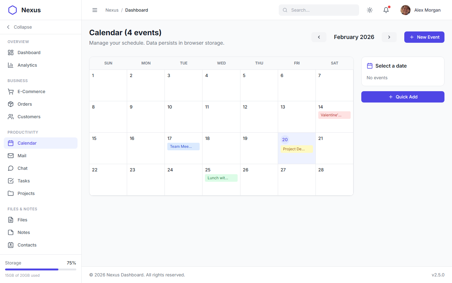 Nexus Pro Dashboard - Light Theme Calendar with Drag and Drop Events
