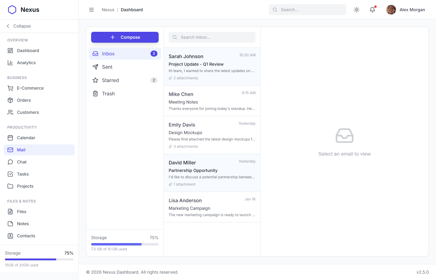 Nexus Pro Dashboard - Light Theme Email Client with Compose Functionality