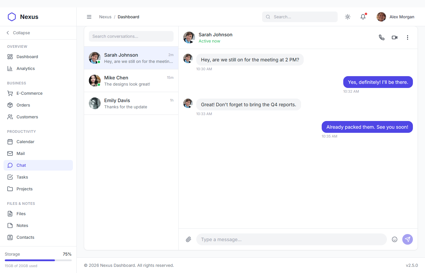 Nexus Pro Dashboard - Light Theme Real-time Chat Messaging Interface