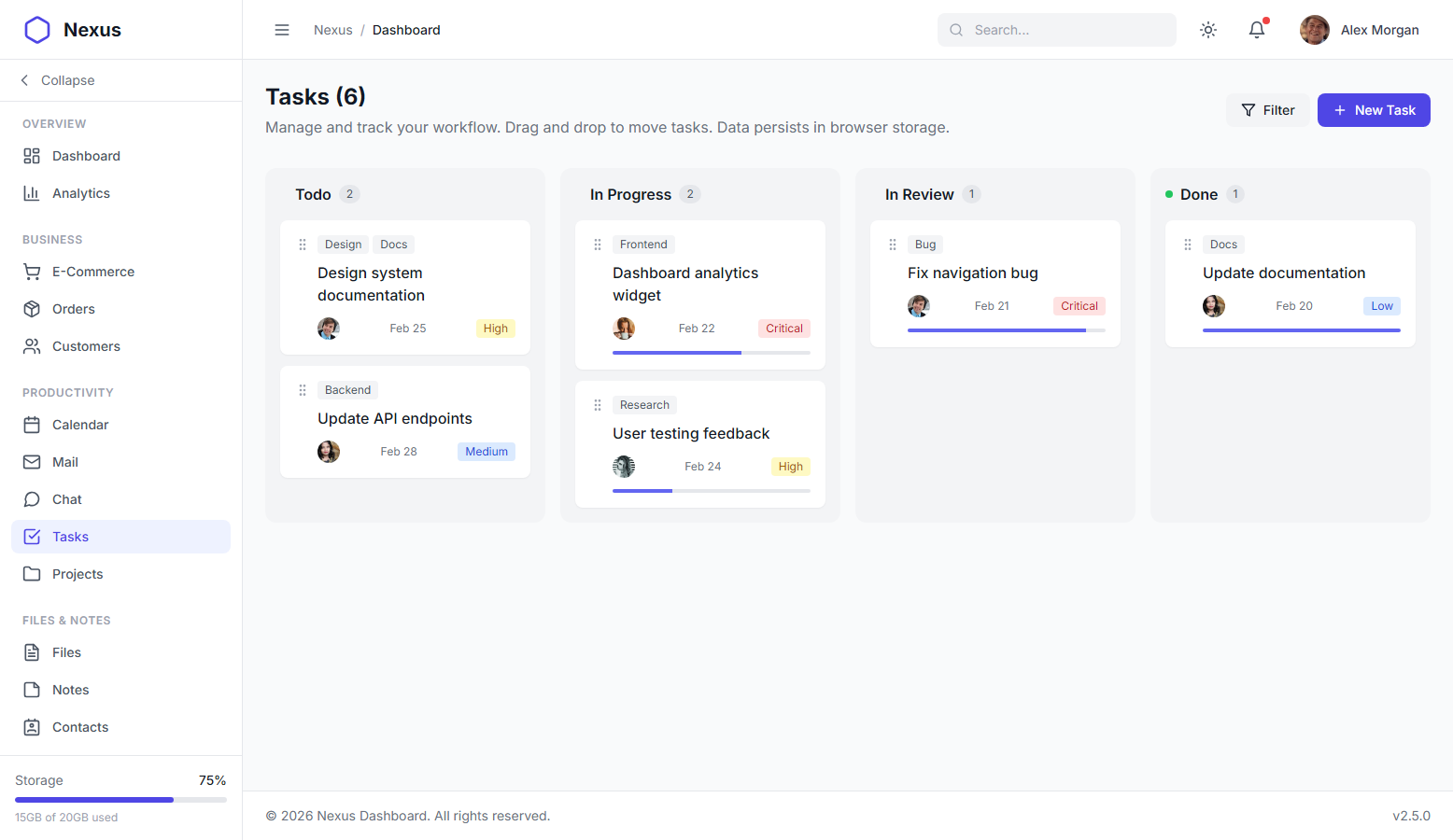 Nexus Pro Dashboard - Light Theme Kanban Task Board Interface