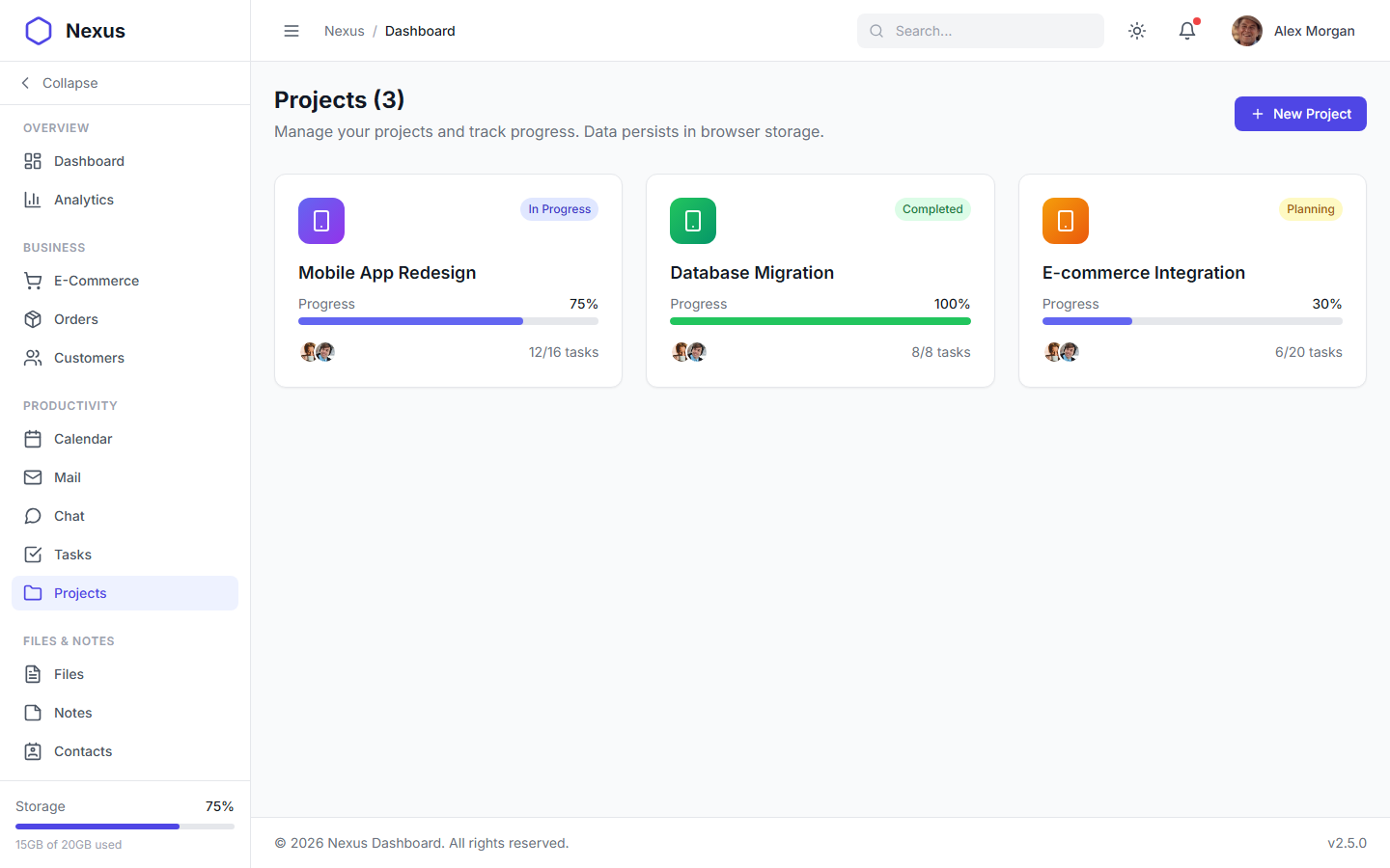 Nexus Pro Dashboard - Light Theme Project Management Kanban Board