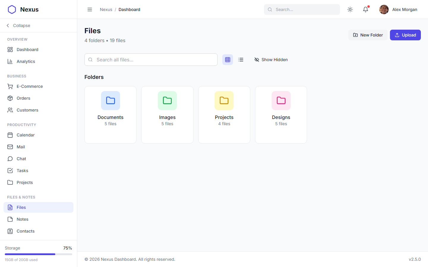 Nexus Pro Dashboard - Light Theme File Manager with Grid and List Views