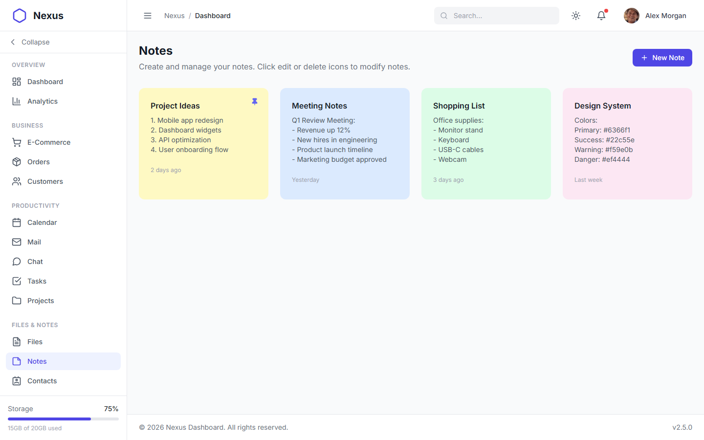 Nexus Pro Dashboard - Light Theme Notes Application with Rich Text