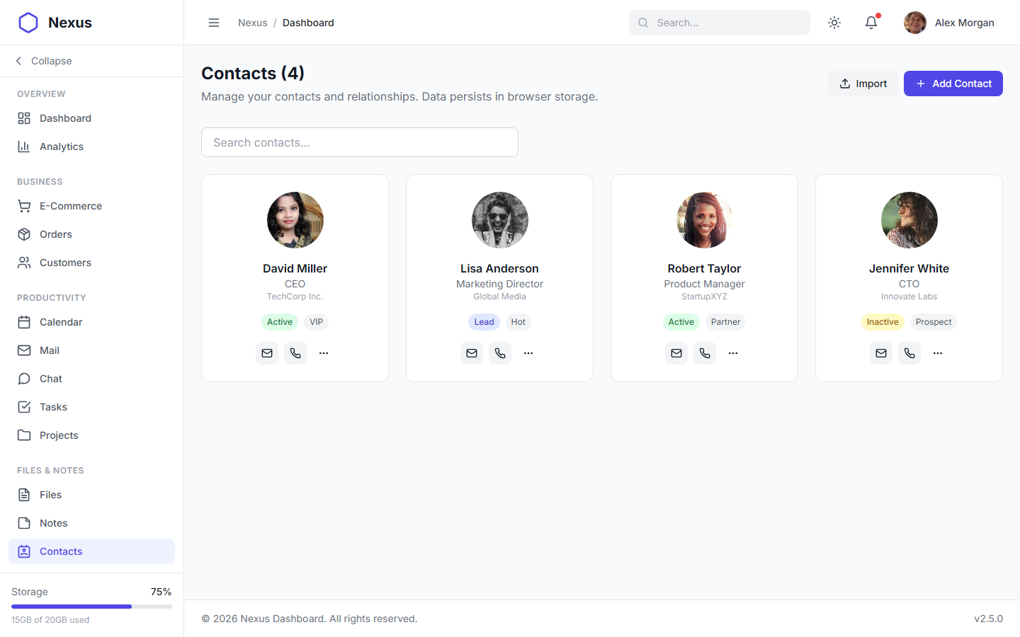 Nexus Pro Dashboard - Light Theme Contacts Directory with Search