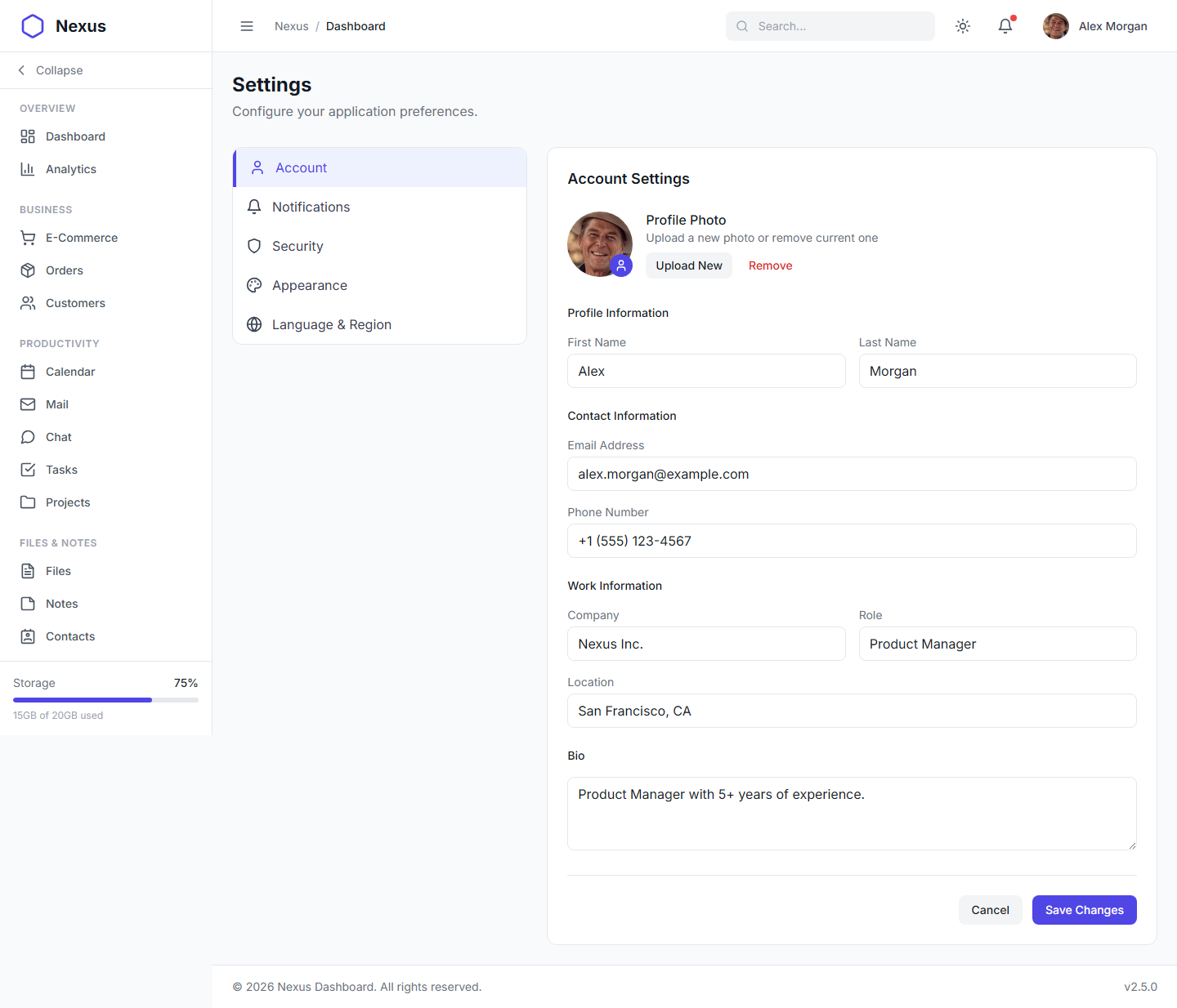 Nexus Pro Dashboard - Light Theme User Settings and Preferences