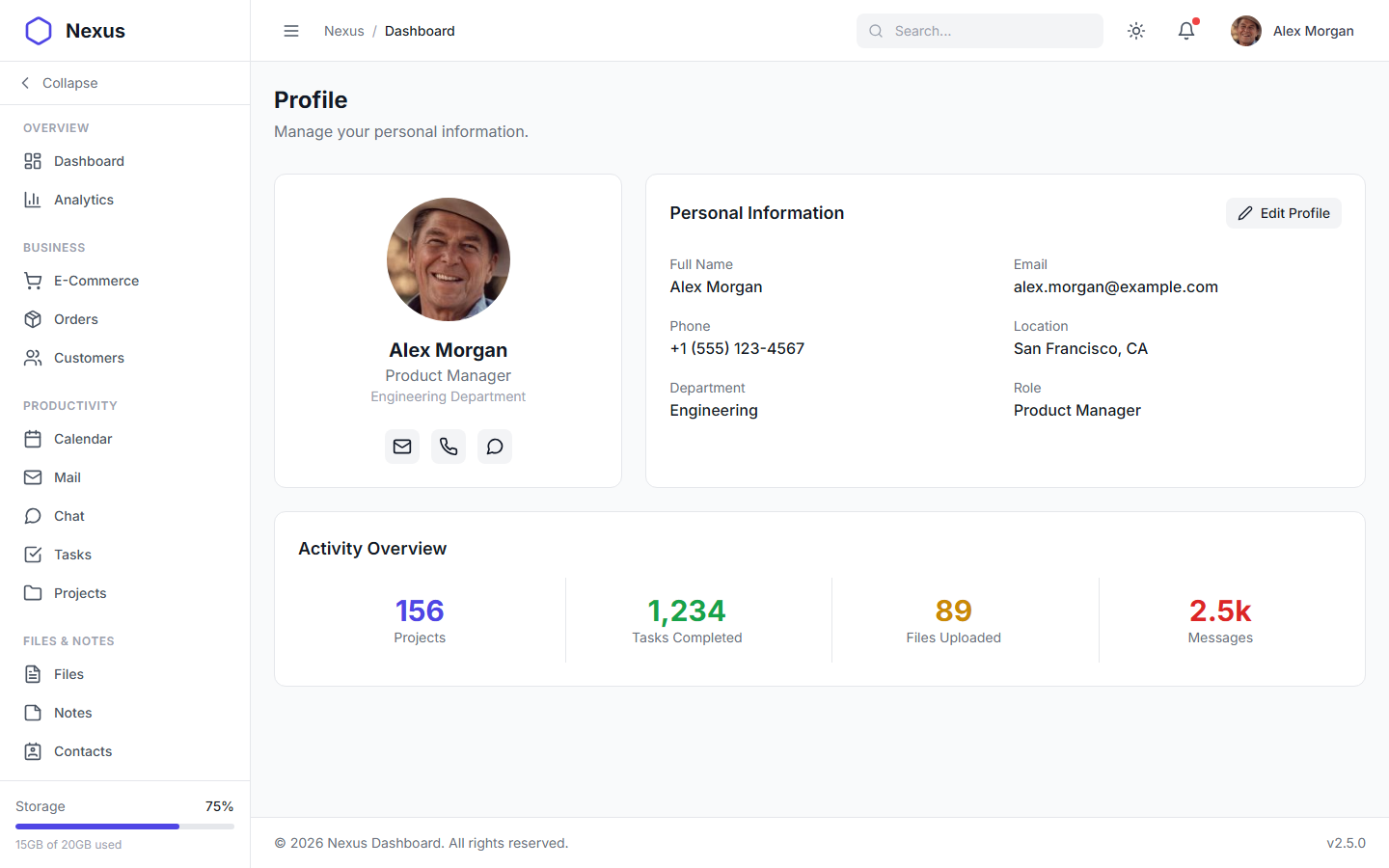 Nexus Pro Dashboard - Light Theme User Profile Page