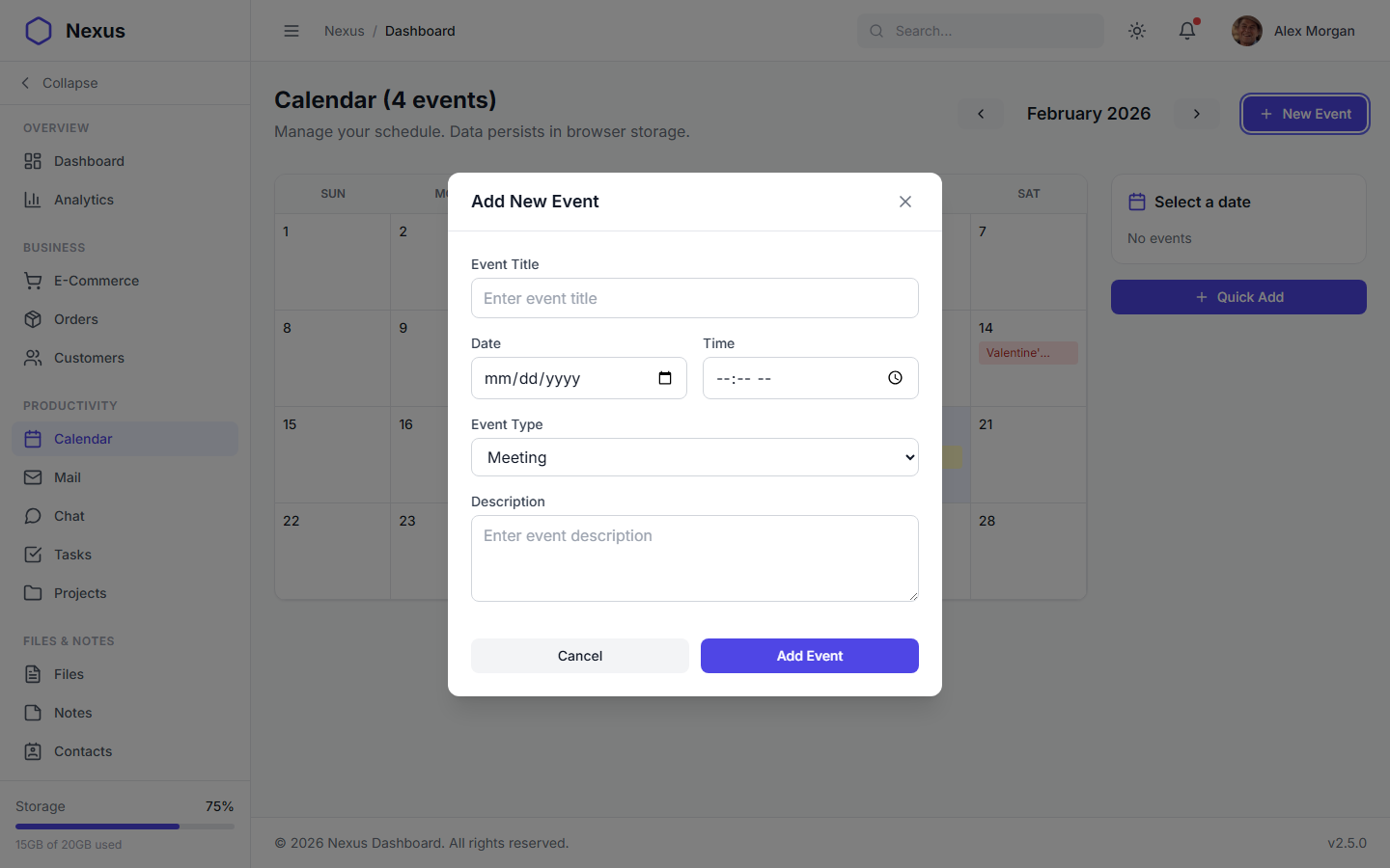 Nexus Pro Dashboard - Light Theme Add Calendar Event Modal
