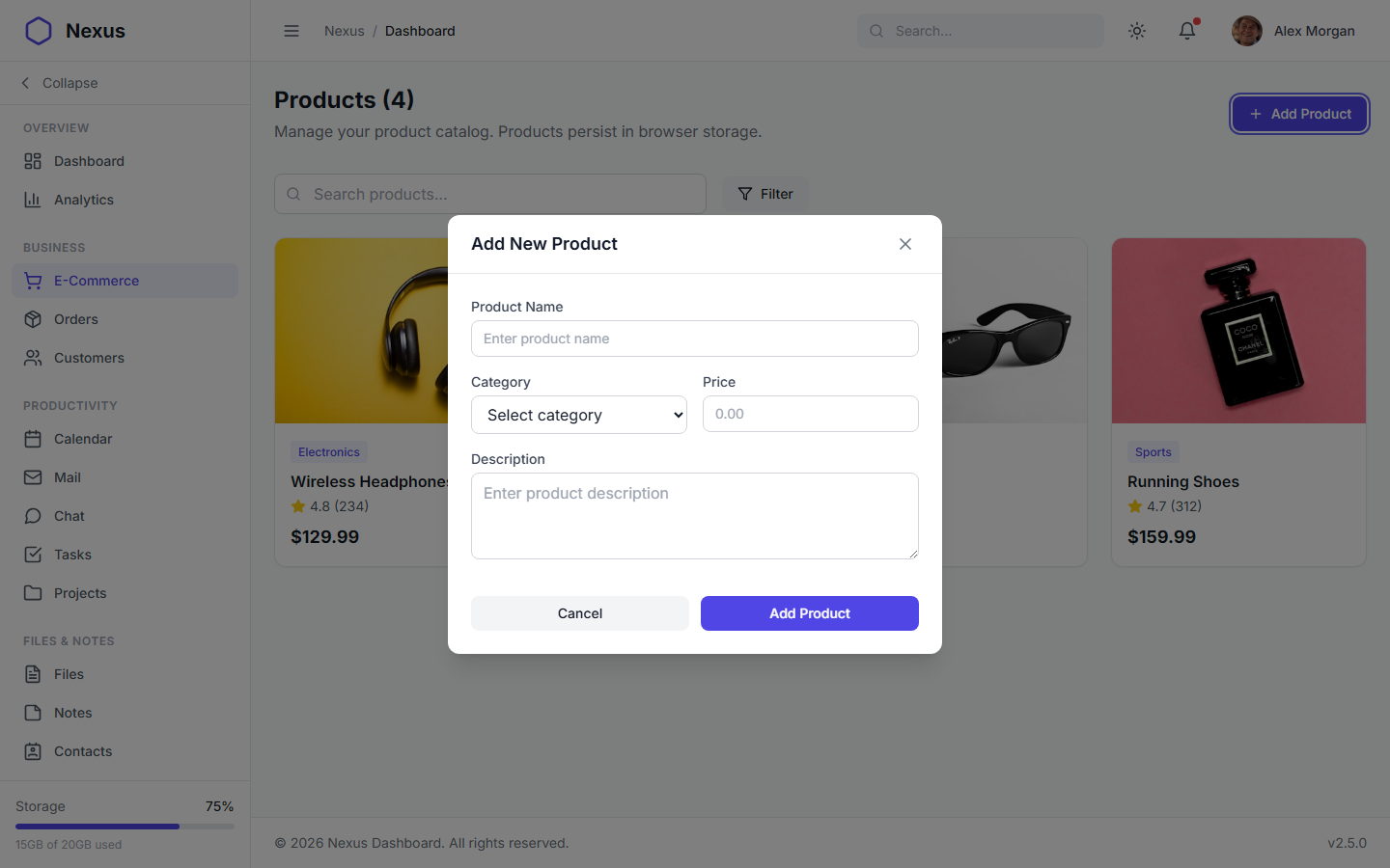 Nexus Pro Dashboard - Light Theme Add Product Modal Form