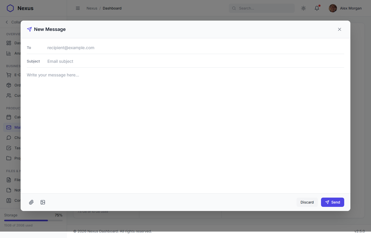 Nexus Pro Dashboard - Light Theme Compose Email Modal with Attachments